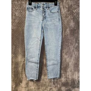 OAT High Rise Straight Crop Button Fly Raw Hem light wash Jeans Sz 25 #749